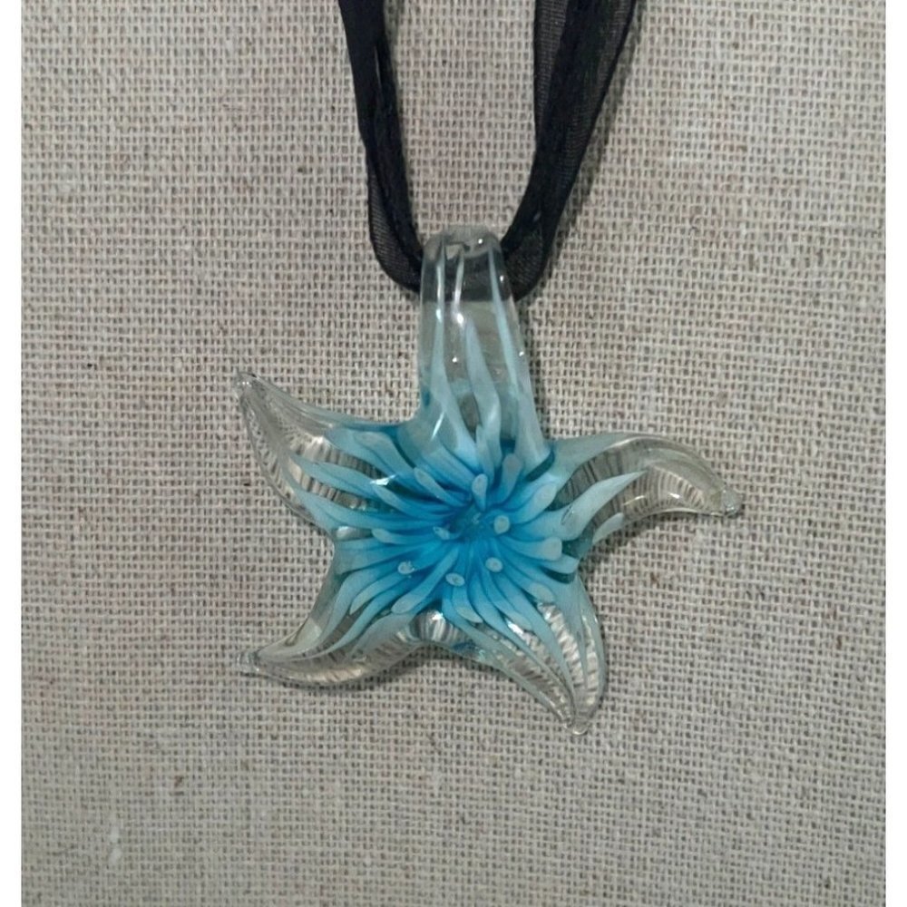 Blue Dichroic Star Fish Glass Pendant -- 18"